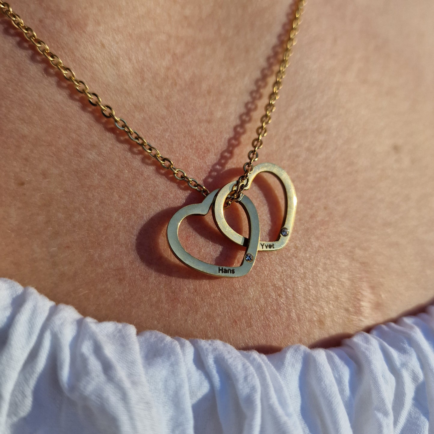 2 hartjes ketting met naam | Kleur: Goud, Zilver of Rosé goud