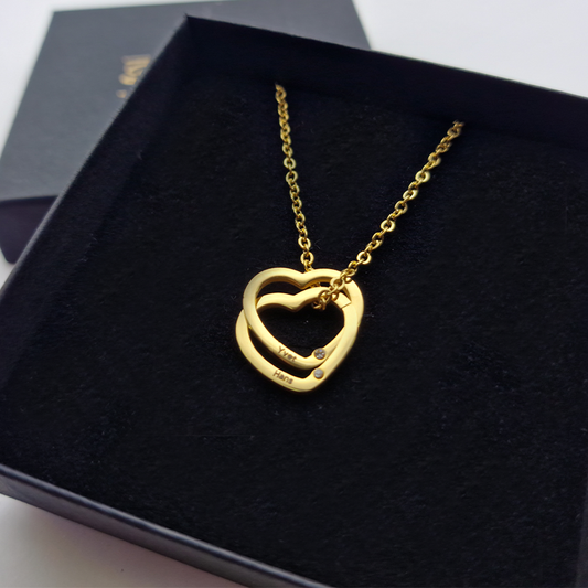 2 hartjes ketting met naam | Kleur: Goud, Zilver of Rosé goud