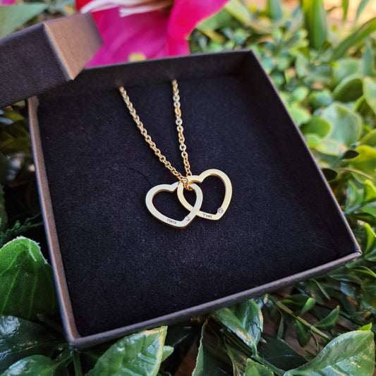 2 hartjes ketting met naam | Kleur: Goud, Zilver of Rosé goud