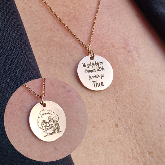 Ik zal je bij me dragen tot ik je weer zie | Halsketting met foto | Goud, zilver of roségouden kleur